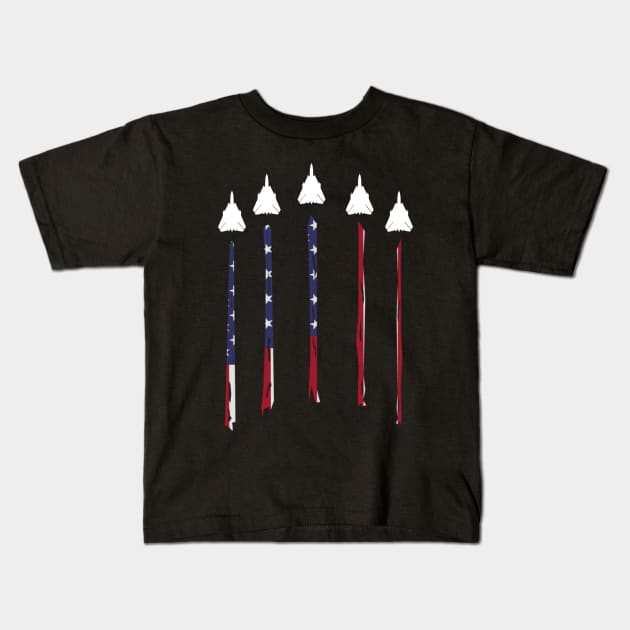 F-14 Tomcat Navy Plane Contrail American Flag Kids T-Shirt by Dirty Custard Designs 